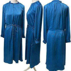 ENVI Blue Silky Elastic Drawstring Waist Long Sleeve Midi Dress Size Small